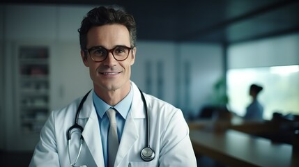 Wall Mural - Portrait of a smiling doctor at hospital. 