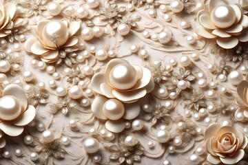 Wall Mural - 3d wallpaper, jewelry flowers, pearls on lace background.