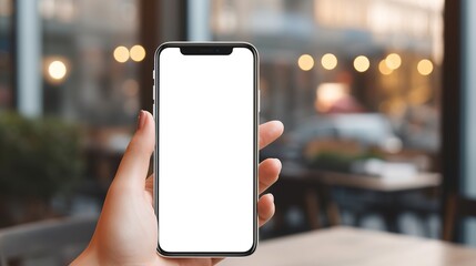 Poster - Hand holding smartphone on white screen. generative ai