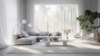 Białe wnętrze salonu pokoju z sofą firanami i kwiatami  roślinami domowymi