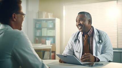 Wall Mural - Smiling healthcare team of doctor, nurse, and patient in a medical office discussing professional care