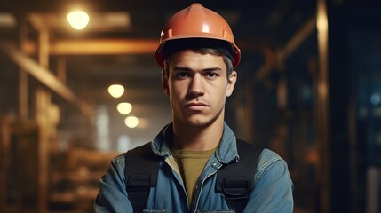 Poster - In a factory, young man, engineering or construction industry professional wears a uniform.
