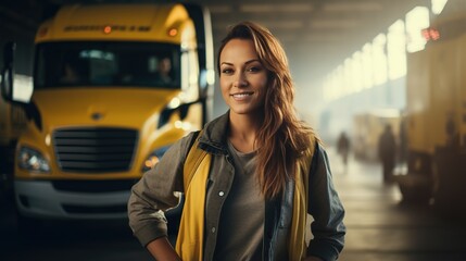 Wall Mural - Logistics worker in an industrial shipping yard, the manufacturing business, or the transportation trade. Female cargo driver portrait 