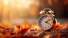 Concept, Daylight Saving Time. Sommer Time, Winter Time, Changeover, Switch Of Time. Sommer Or Winter Time. Clock As A Timer For Celebrations. Autumnal Forest And Leaves.