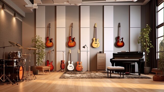 Modern studio music interior design, generated by AI