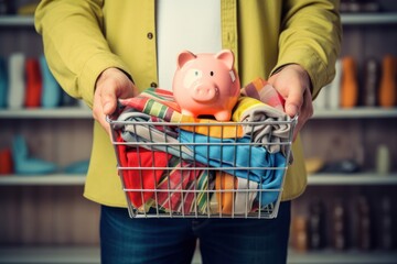 Canvas Print - A man holds a shopping basket with clothes and a piggy bank.