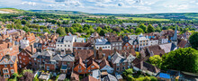 A Panorama View Across The High Street From The Ramparts Of The Castle Keep In Lewes, Sussex, UK In Summertime