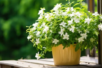 Poster - Yellow planter with white flowers.