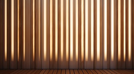 Wall Mural - Sunlight and shadows highlight the wooden slats on the wall. Abstract background with vertical light for design. Focused on wood with space for text.