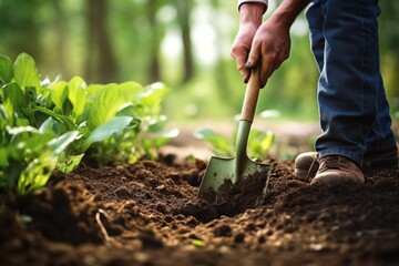 Poster - A man digs in the garden with a shovel.
