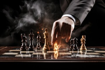 Poster - a chessboard with a hand making a fiery move.