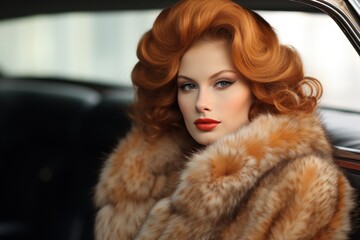Poster - Caucasian girl in a fur coat. retro style.