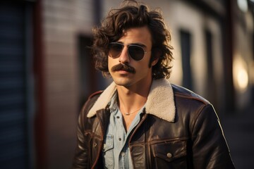 Aufkleber - stylish caucasian man with a mustache in a leather jacket on the street.