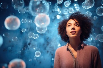 Aufkleber - Girl with bubbles on blue background.