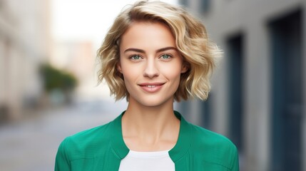 portrait of a young business woman standing and looking at camera in office background