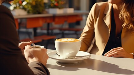 Coffee at outdoor cafe, couple drink coffee