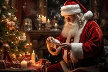 Santa Claus, In His Traditional Red Suit And White Beard, Places Gifts Under The Beautifully Decorated Christmas Tree While The Soft Glow Of Holiday Lights Fills The Room. Generative Ai