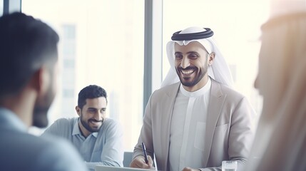 Canvas Print - Professional Executives in a Corporate Office Meeting, Collaborating on Business Strategies with Smiles and Teamwork Using Laptops and Computers