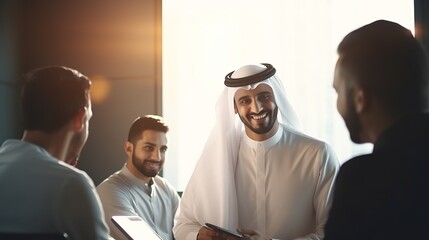 Canvas Print - Professional Executives in a Corporate Office Meeting, Collaborating on Business Strategies with Smiles and Teamwork Using Laptops and Computers