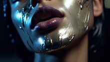 Model With Dripping Paint Makeup In Metallic Hues, Focusing On The Lips