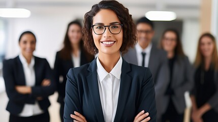 Canvas Print - Smiling businesswoman or manager standing with her arms crossed in an office 