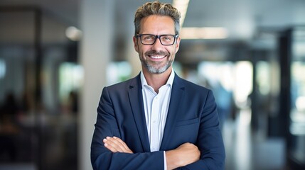 Poster - Portrait of a professional businessman or manger a smiling with arms crossed at office. generative ai