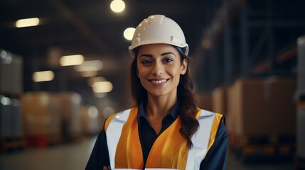 Wall Mural - portrait of a smiling female worker wearing hard hat at construction site