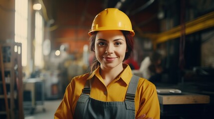 Canvas Print - happy female engineer on the job site wearing a hard hat