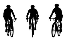 Set Of Silhouettes Of People Riding Bicycle. Cyclist Front View. Isolated On A Background. Eps 10