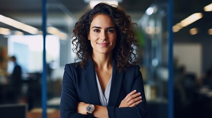 Wall Mural - Happy smiling businesswoman ceo manager at office space, possibly real estate, lawyer, marketing. Successful business concept. generative ai