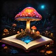 beautiful mushrooms come out of a book with attractive light and details 