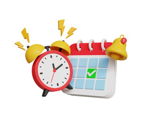 3D time management concept. Punctuality, meeting reminder. Appointment or schedule notification. Calendar with alarm clock and bell icon. 3d illustration