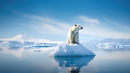 Wall Mural - struggle of a magnificent polar bear as it stands on a dwindling iceberg, surrounded by rapidly melt