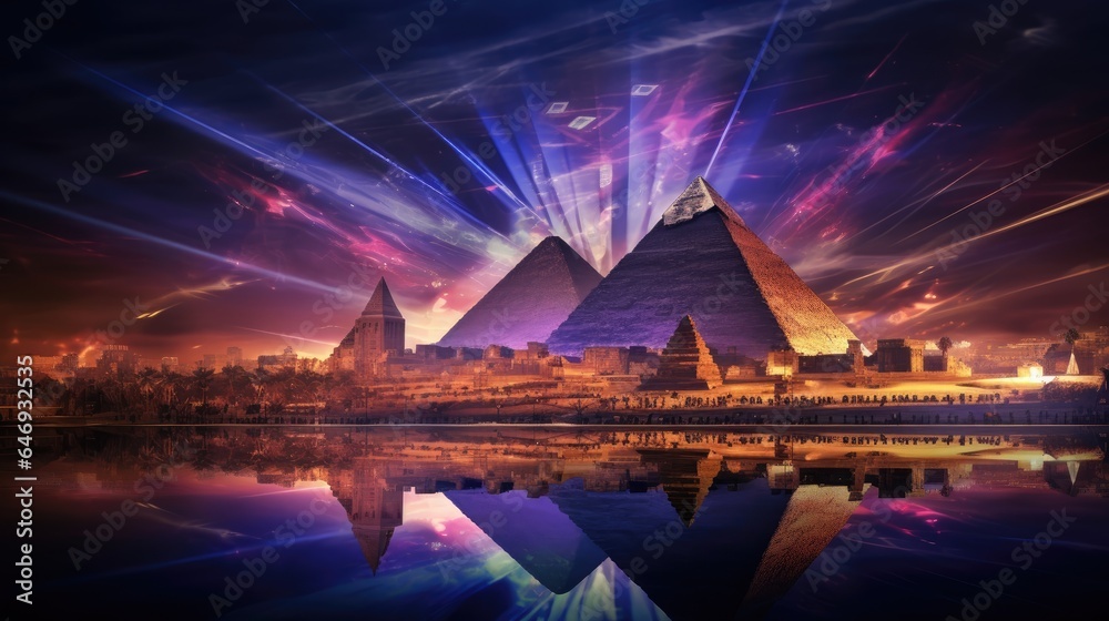Pyramids of Giza during a stunning light and sound show, with vibrant ...