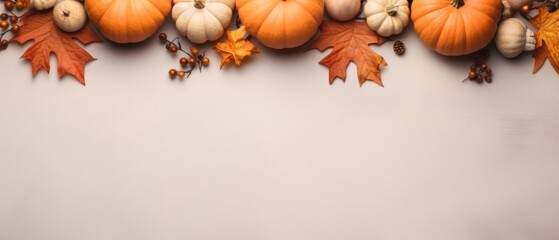 Wall Mural - Happy Thanksgiving season celebration traditional pumpkins on decorated pastel table fall leaves background. Halloween decorations wood autumn cozy flat lay, top view, copy space.