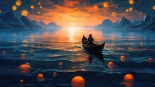 Night Scenery Of A Man Rowing A Boat Among Many Glowing Moons Floating On The Sea, Fantasy Journey, Surreal Concept Scenery Artwork, Dreamlike Ocean. Generative AI Image Weber.