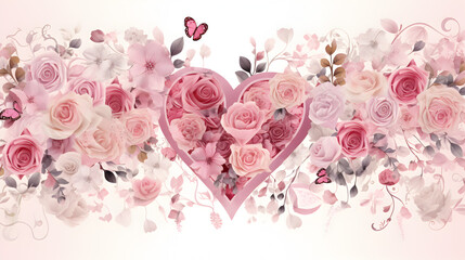 Wall Mural - pink roses and heart on white background