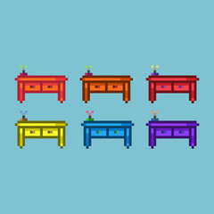 Poster - Pixel art sets of table with variation color items asset. simple table on pixelated style.8bits perfect for game asset or design asset element for your game design asset.