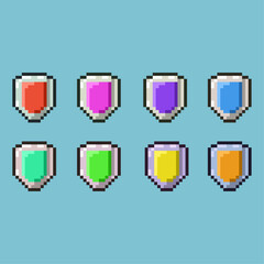 Poster - Pixel art sets of shield defense with variation color items asset. simple shield on pixelated style.8bits perfect for game asset or design asset element for your game design asset.