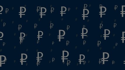 Poster - Ruble symbols float horizontally from left to right. Parallax fly effect. Floating symbols are located randomly. Seamless looped 4k animation on dark blue background