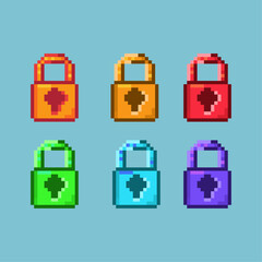 Fototapete - Pixel art sets of locked padlock with variation color items asset. simple padlock on pixelated style.8bits perfect for game asset or design asset element for your game design asset.
