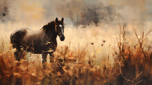 Black Horse In A Field Landscape - Soft Brushwork Digital Oil Painting - Generative AI