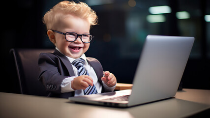 Happy cute kid working on laptop in office. Copy space