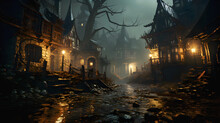 Old Haunted Abandoned Ghost Town Village In Scary Misty Atmosphere, Generative AI