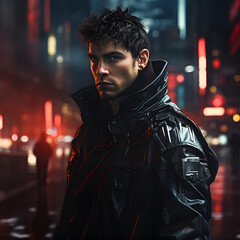futuristic digital matte painting of a young man as a cyberpunk warrior.