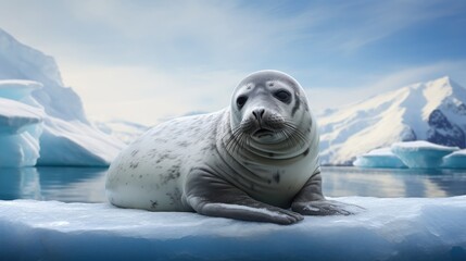 Wall Mural - solitary weddell seal resting on an ice floe, gazing curiously at the camera.