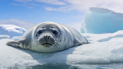 Wall Mural - solitary weddell seal resting on an ice floe, gazing curiously at the camera.