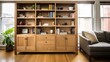 © Lasvu - Custom oak bookcase with display cabinet, drawers, and shelves in apartment with wood flooring.
