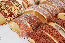 Close up of 'Kurtoskalacs', a spit cake from Hungary and Romania made from sweet yeast dough strips baked wrapped around cone–shaped baking spit