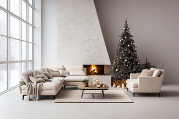 Christmas Home Interior with festive Christmas tree and gift boxes. Modern minimal living room in white colors